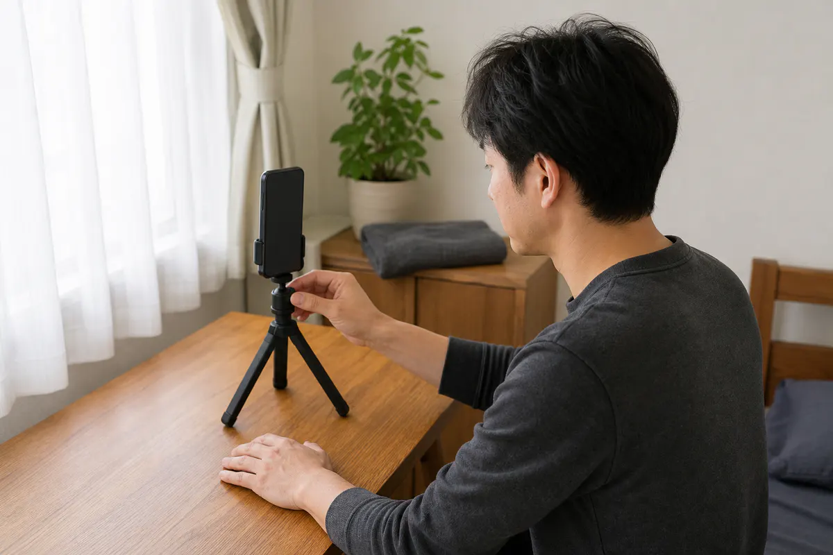 同じ場所と明るさで髪の記録写真を撮る準備をする男性