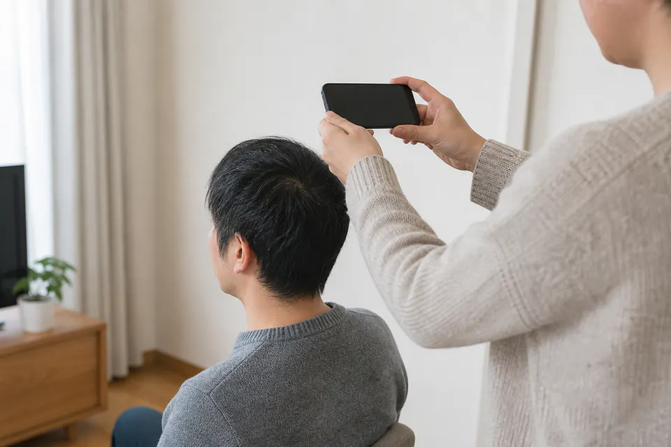 椅子に座った男性の頭頂部を、別の人がスマートフォンで撮影している様子
