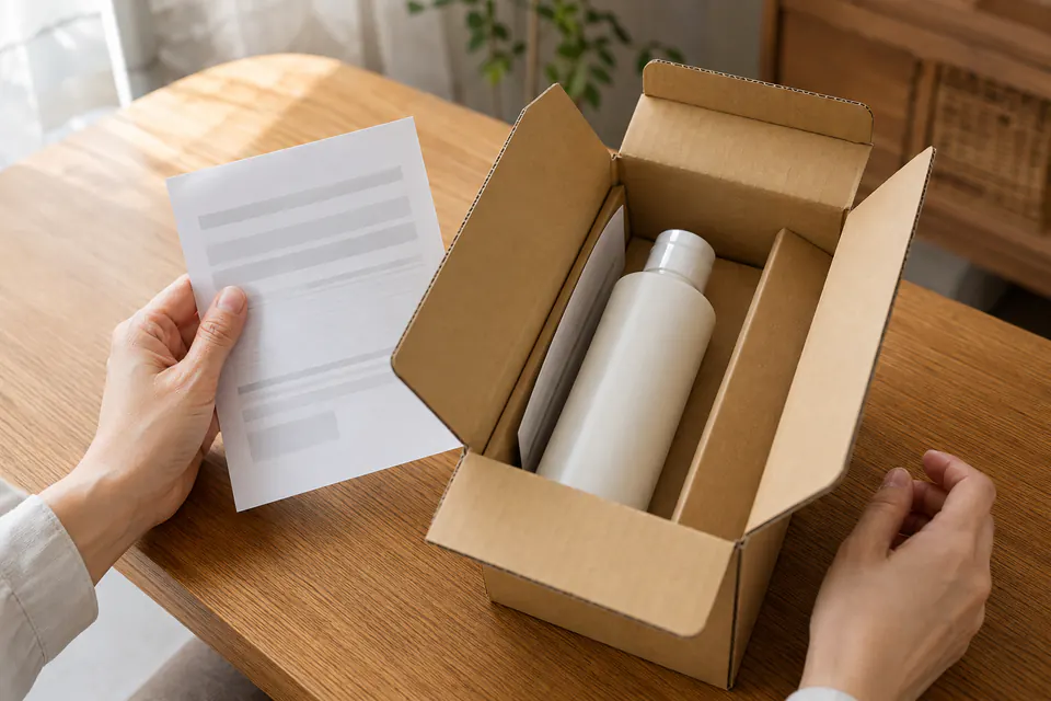 配送箱を開けて未開封の商品と同梱書類を確認している手元