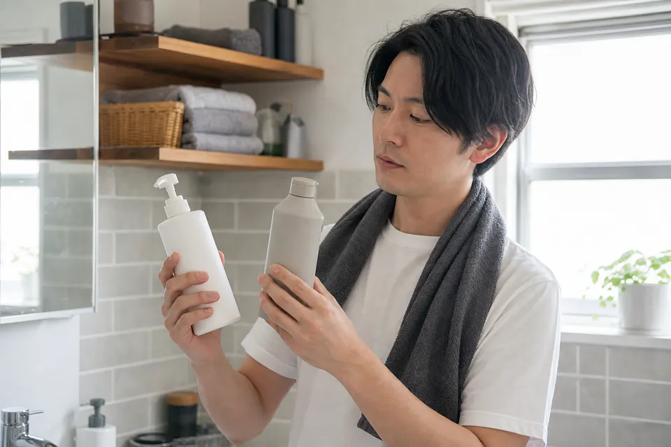 自宅の洗面所で2本のシャンプーを見比べる男性