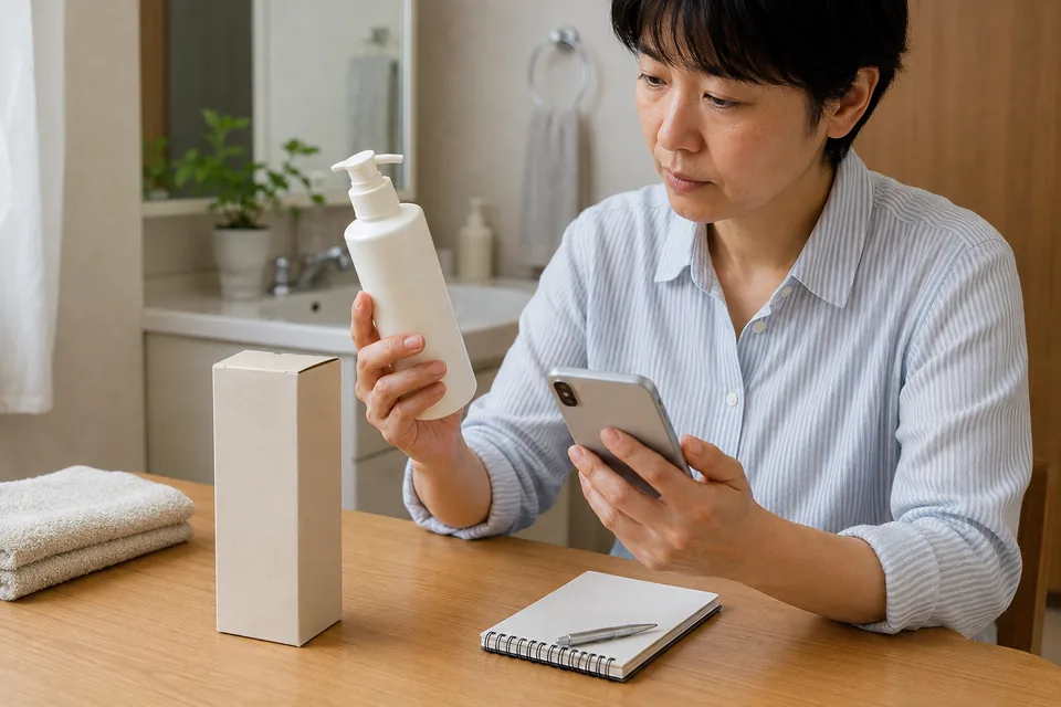 ポンプ式のシャンプー容器を手に、スマートフォンで商品ページを確かめる女性。机の上に外箱とノートがある